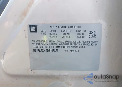 2013 Chevrolet Cruze Ls Auto z USA, uszkodzony, nr VIN 1G1PA5SH0D7193865